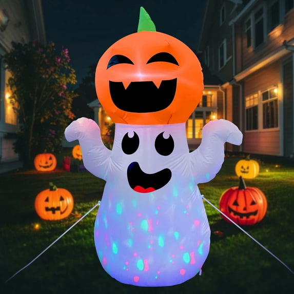 5Ft Halloween Inflatable Pumpkin Ghost with 360¡ã Rotating Colorful LED Lights, Cute Indoor/Outdoor Decor for Party, Yard, Lawn
