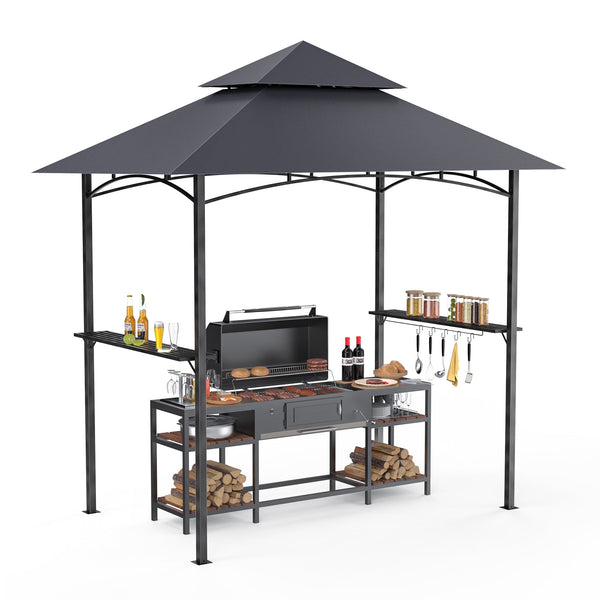 8'x 5' Grill Gazebo Canopy, Outdoor BBQ Gazebo Shelter with 2 Side Shelves & Double-Tiered Top