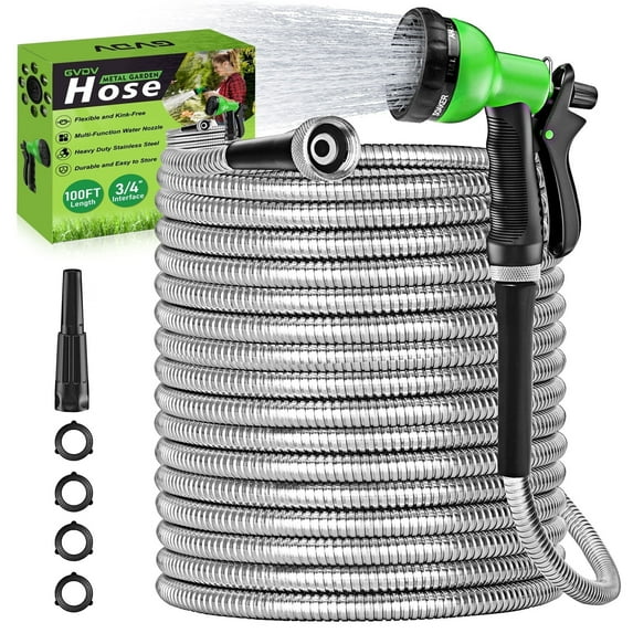 Garden Hose, 3/4 inch x 100ft Metal Water Hose with Spray Nozzle, Leak Proof, Tangle Free, 550PSI